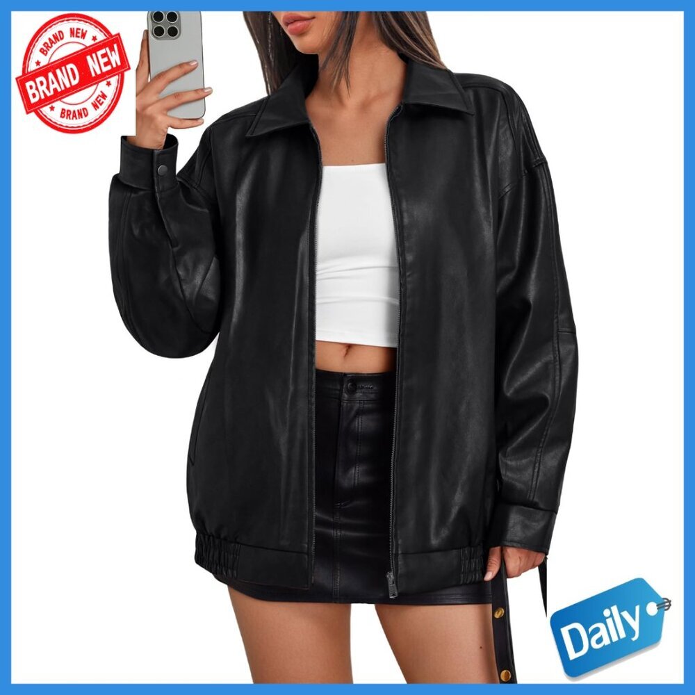 Oversized Faux Leather Bomber Moto Jacket, Women's Statement Piece